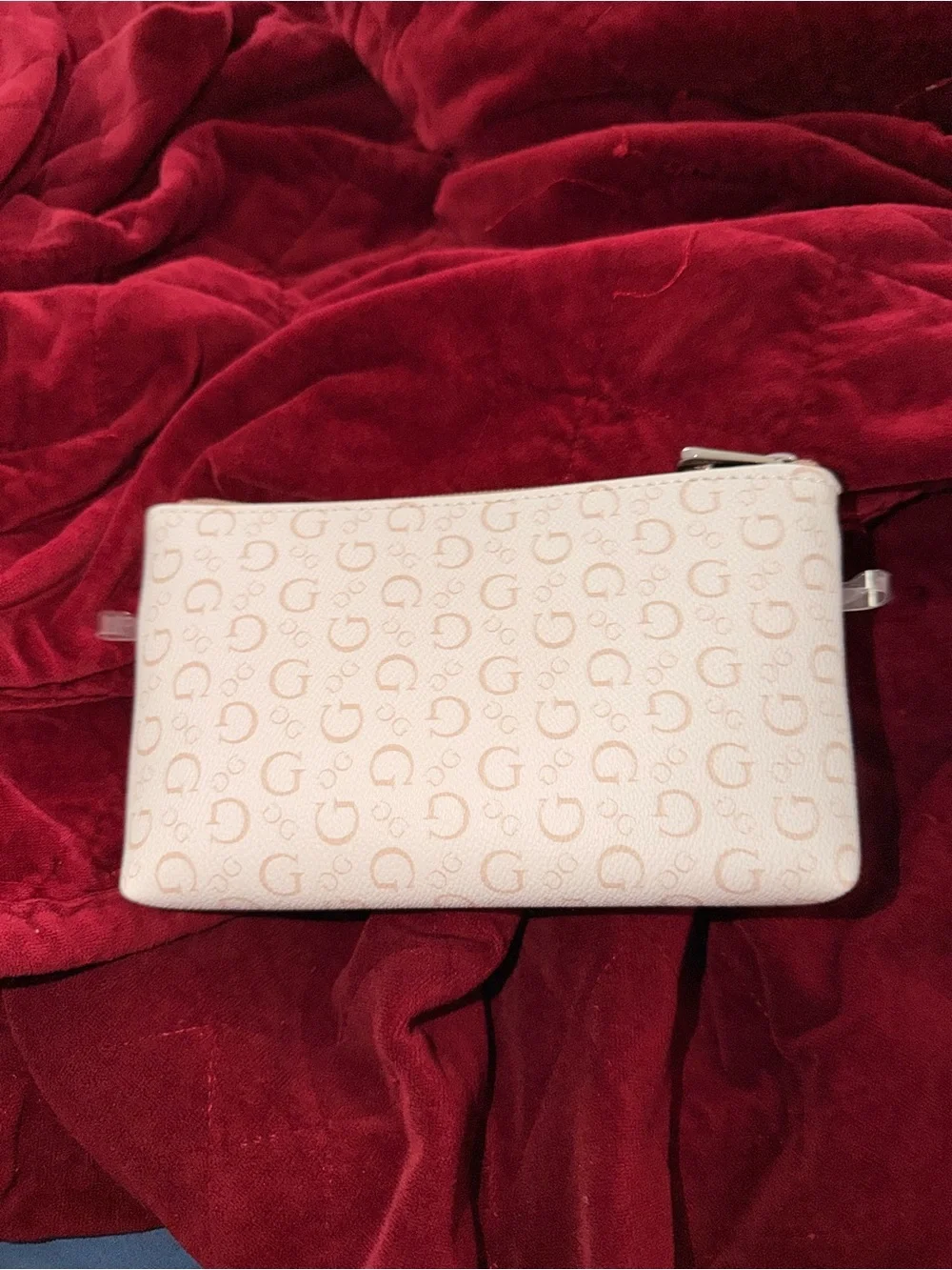 GUESS Cream Logo Zip Wristlet Clutch with Tan Badge